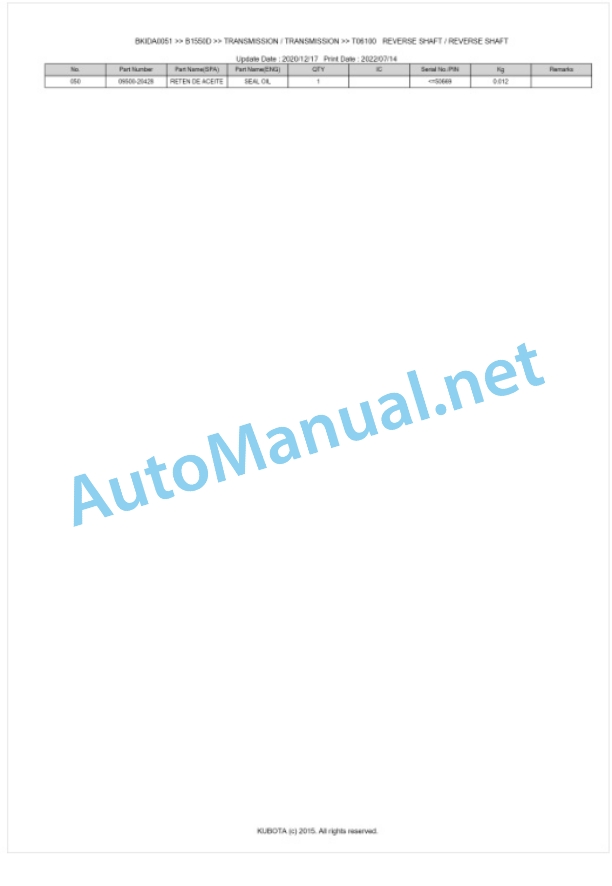 Kubota B1550D Parts Manual PDF BKIDA0051-3