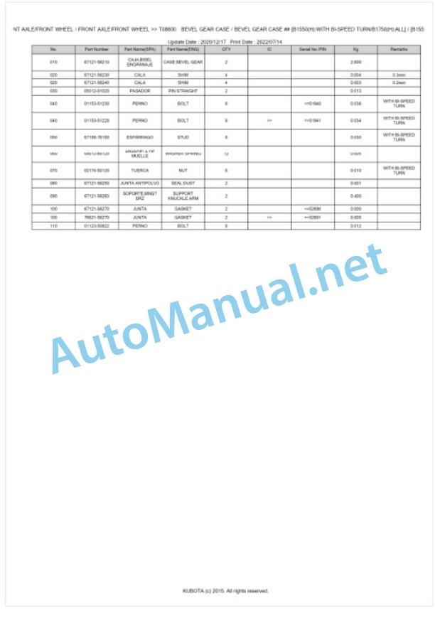 Kubota B1550D Parts Manual PDF BKIDA0051-4