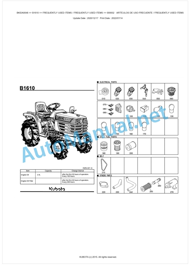 Kubota B1610 Tractor Parts Manual PDF BKIDA0048
