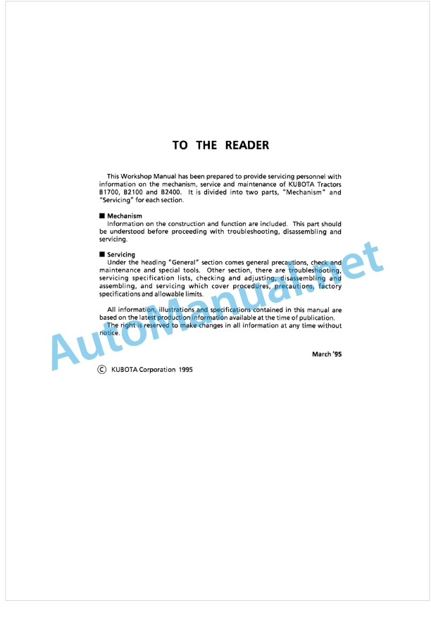 Kubota B1700D, B2100D B2400D Tractor Workshop Manual PDF