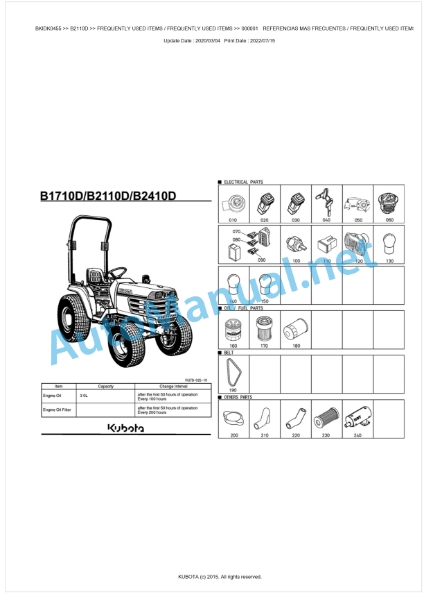 Kubota B1710D, B2110D B2410D Tractor Parts Manual PDF BKIDK0455