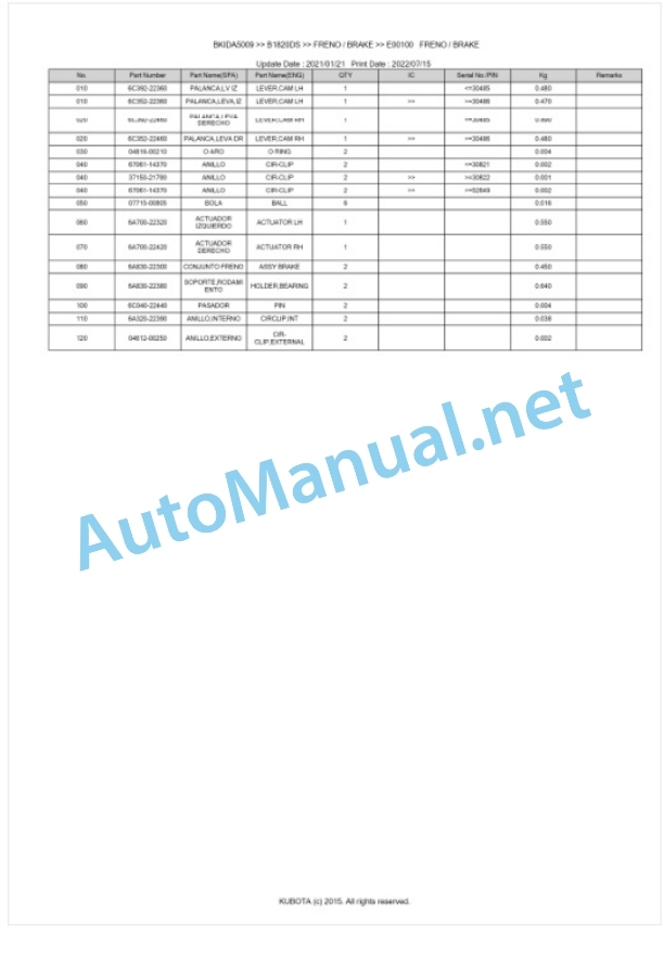 Kubota B1820DS Tractor Parts Manual PDF BKIDA5009-4