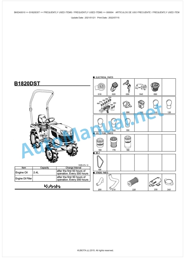 Kubota B1820DST Tractor Parts Manual PDF BKIDA5010