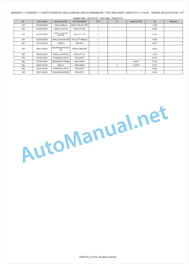 Kubota B1820DST Tractor Parts Manual PDF BKIDA5010-5