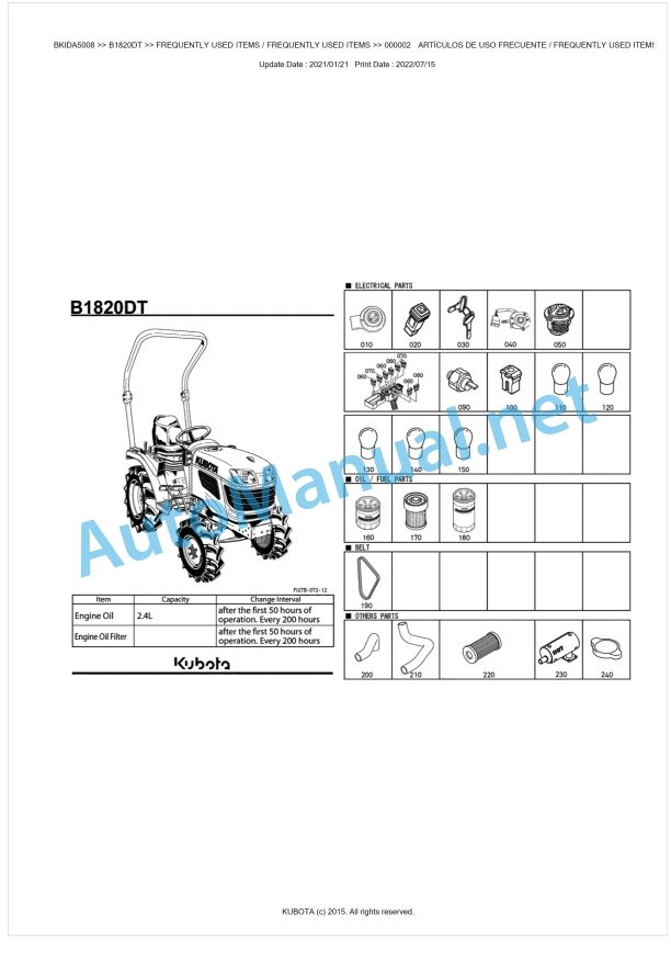 Kubota B1820DT Tractor Parts Manual PDF BKIDA5008