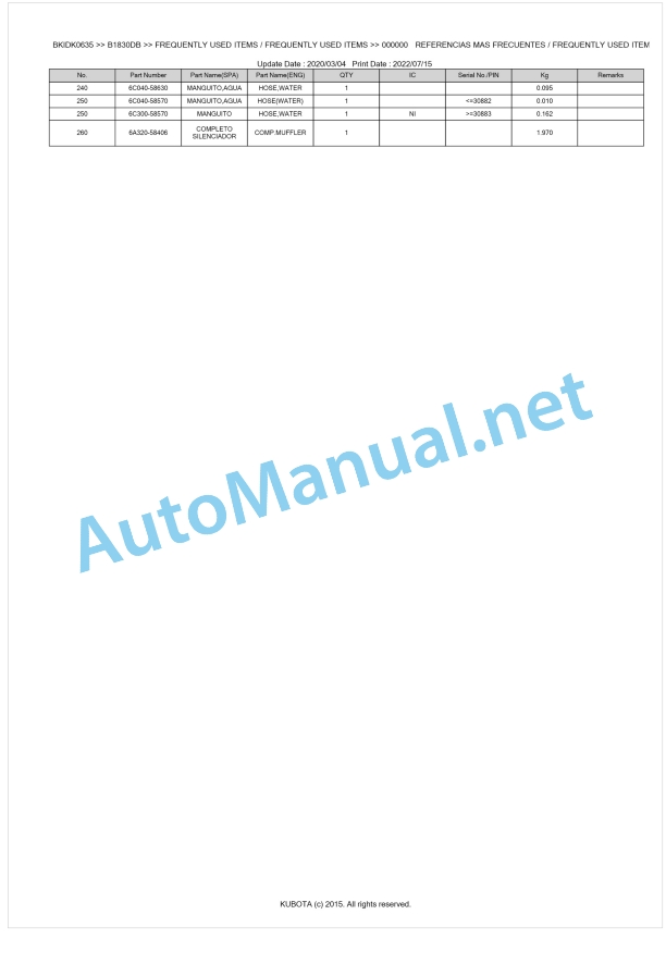 Kubota B1830DB, B2530DB Tractor Parts Manual PDF BKIDK0635