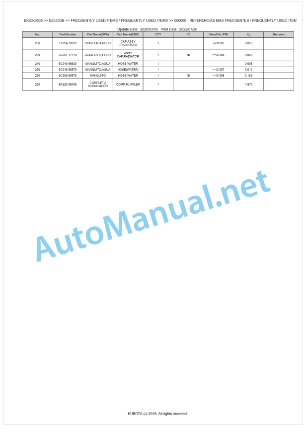 Kubota B1830DB, B2530DB Tractor Parts Manual PDF BKIDK0636