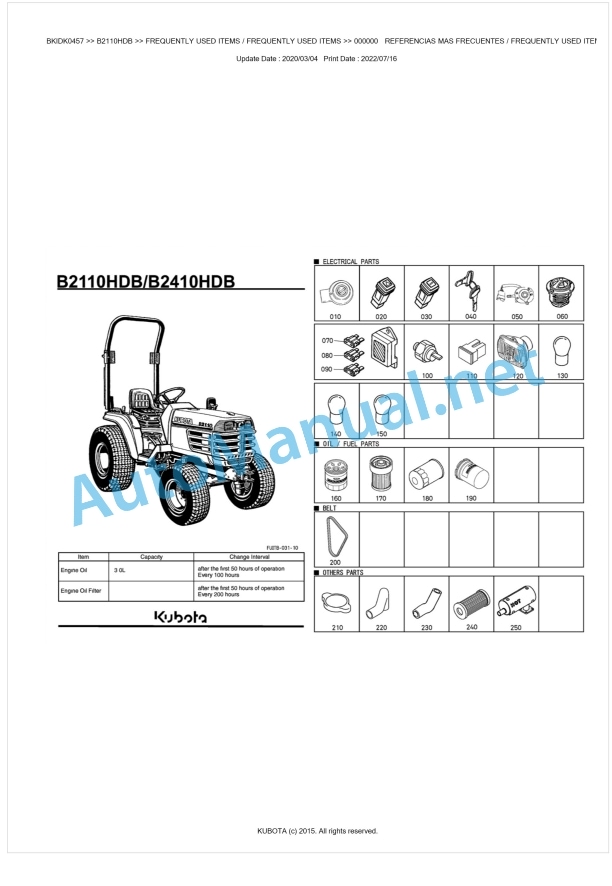 Kubota B2110HDB, B2410HDB Tractor Parts Manual PDF BKIDK0457