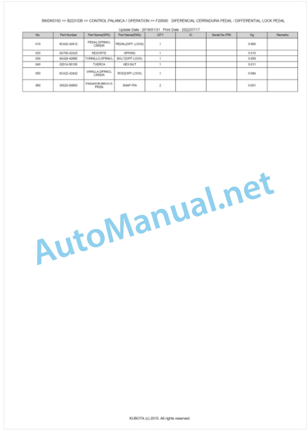 Kubota B2231DB Tractor Parts Manual PDF BKIDK5193-4