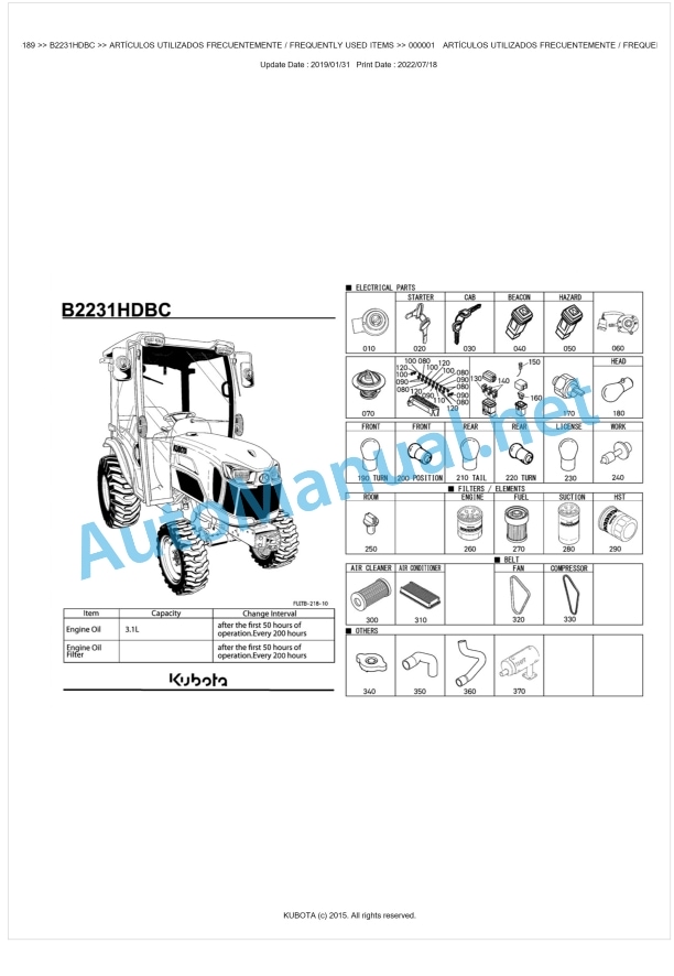 Kubota B2231HDBC Tractor Parts Manual PDF BKIDK5189