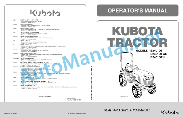 Kubota B2401DT, B2401DTOW, B2401DTN Tractor Operators Manual PDF 1 Kubota B2401DT, B2401DTOW, B2401DTN Tractor Operators Manual PDF