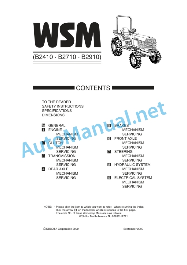 Kubota B2410, B2710, B2910 Tractor Workshop Manual PDF