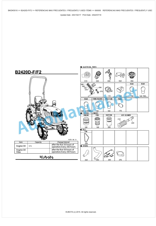 Kubota B2420D-F, F2 Tractor Parts Manual PDF BKIDK5010