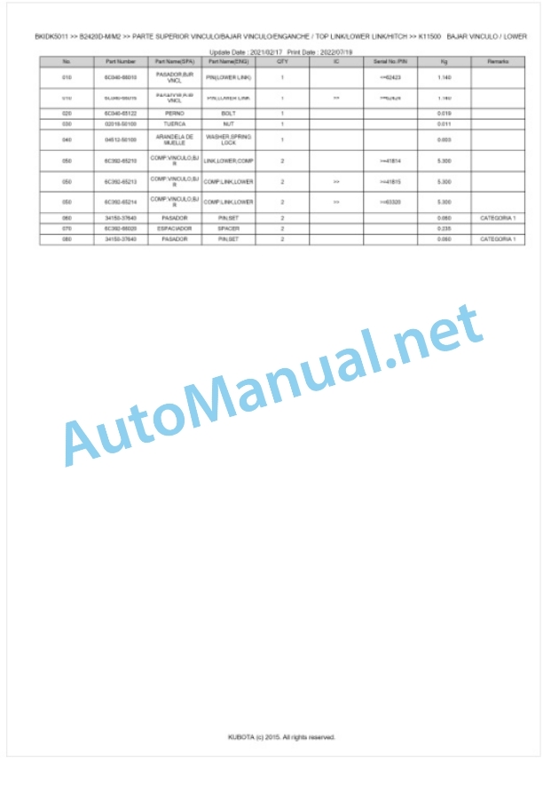 Kubota B2420D-M, M2 Parts Manual PDF BKIDK5011 5 Kubota B2420D-M, M2 Parts Manual PDF BKIDK5011-5
