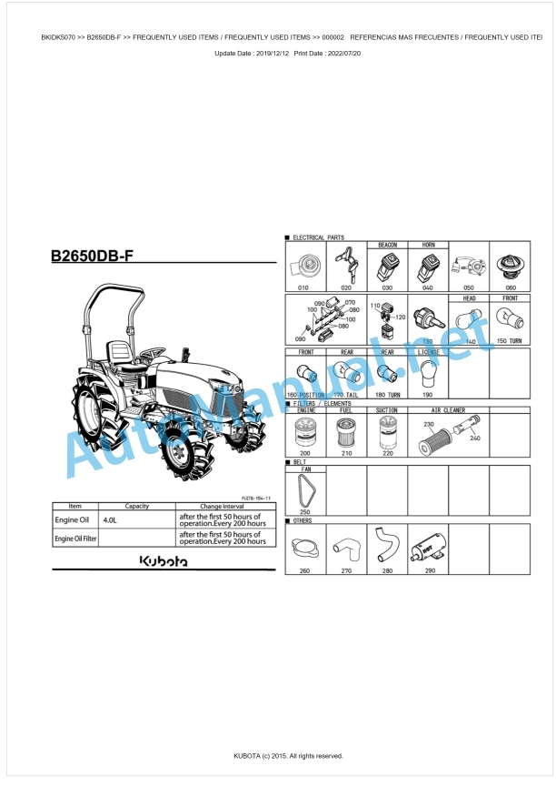 Kubota B2650DB-F Tractor Parts Manual PDF BKIDK5070