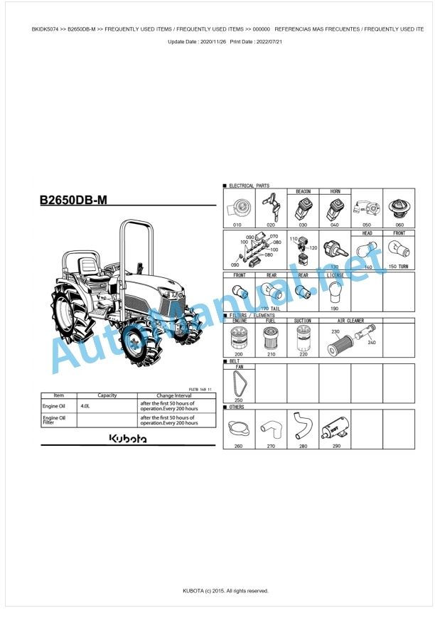 Kubota B2650DB-M Tractor Parts Manual PDF BKIDK5074