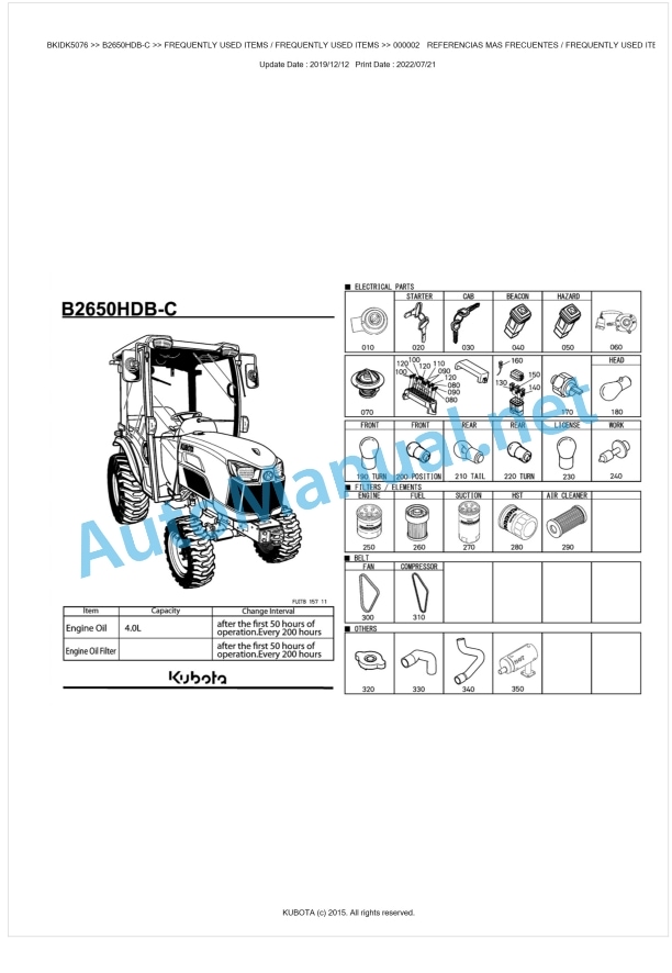 Kubota B2650HDB-C Tractor Parts Manual PDF BKIDK5076