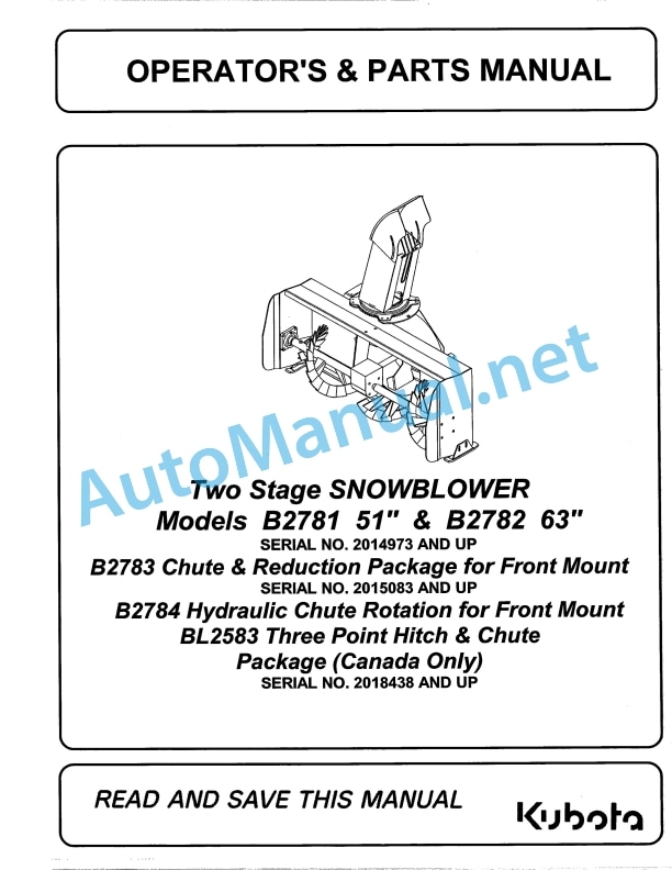Kubota B2781-51, B272-63, B2783, B2784, B2583 Snowblower Operators Manual PDF