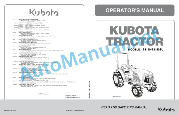Kubota B3150, B3150SU Tractor Operators Manual PDF