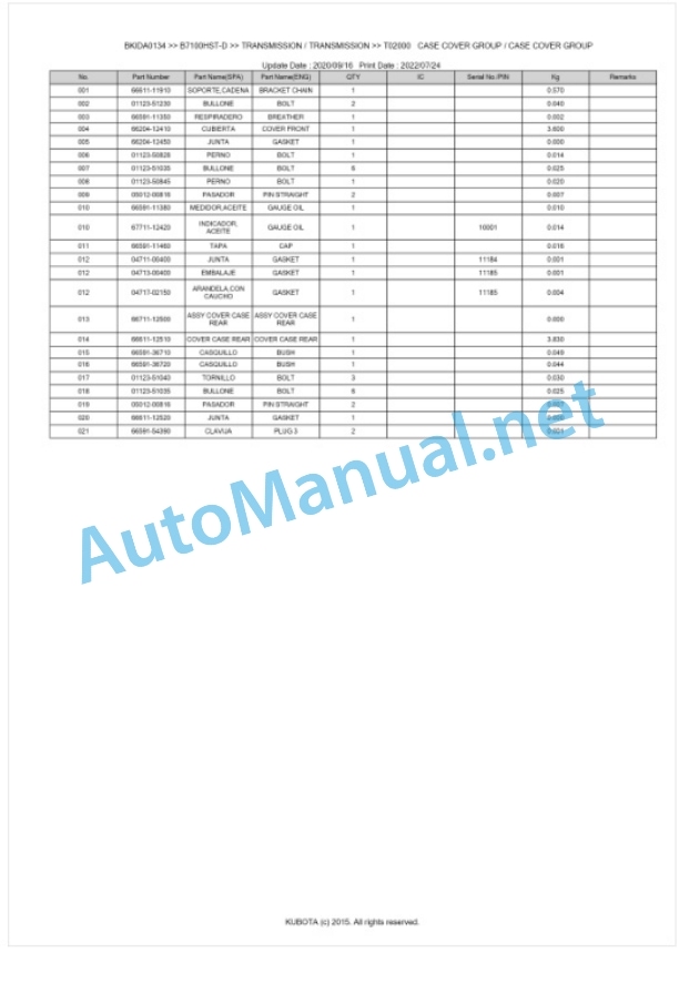 Kubota B7100HST-D Parts Manual PDF BIKDA0134 4 Kubota B7100HST-D Parts Manual PDF BIKDA0134-4