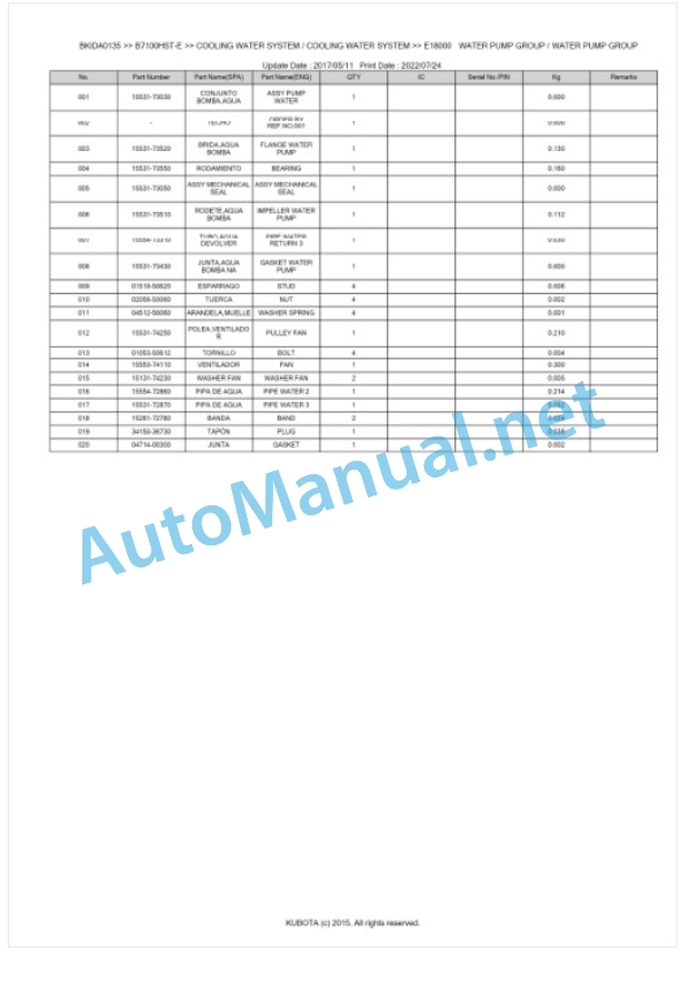 Kubota B7100HST-E Parts Manual PDF BIKDA0135 3 Kubota B7100HST-E Parts Manual PDF BIKDA0135-3