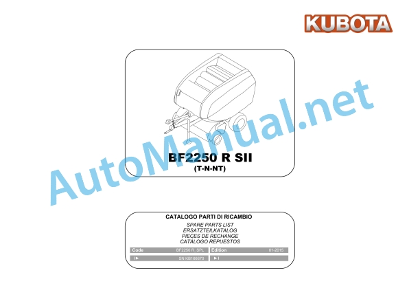 Kubota BF2250 R SII (T-N-NT) Baler Parts Manual PDF