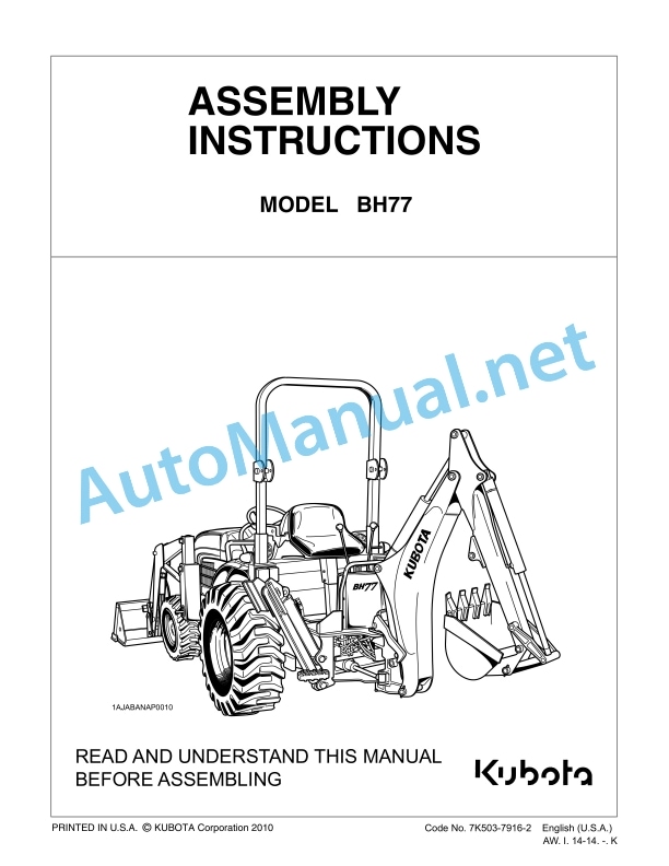 Kubota BH77 Assembly Instruction Parts Manual PDF