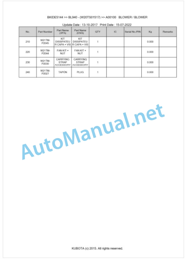 Kubota BL940 Parts Manual PDF BIKDE5144 2 Kubota BL940 Parts Manual PDF BIKDE5144-2