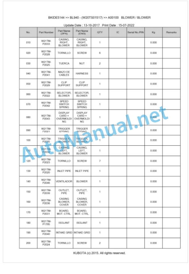 Kubota BL940 Parts Manual PDF BIKDE5144 4 Kubota BL940 Parts Manual PDF BIKDE5144-4