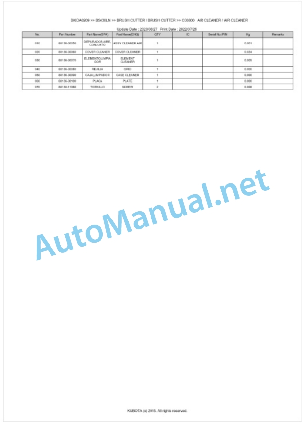 Kubota BS430LN Parts Manual PDF BKIDA0209 4 Kubota BS430LN Parts Manual PDF BKIDA0209-4