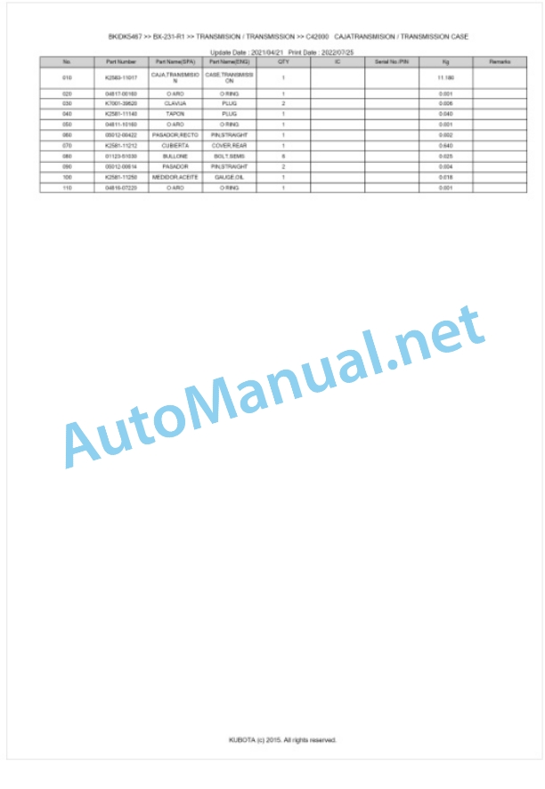Kubota BX-231-R1 Tractor Parts Manual PDF BKIDK5467 3 Kubota BX-231-R1 Tractor Parts Manual PDF BKIDK5467-3