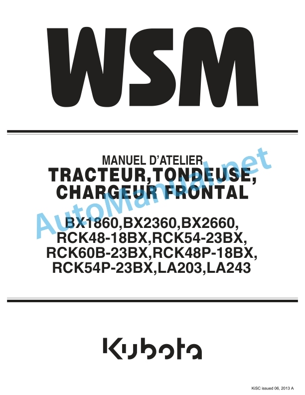 Kubota BX1860, BX2360, BX2660, RCK48 Workshop Manual PDF FR
