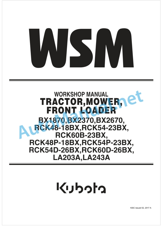 Kubota BX1870, BX2370, BX2670, RCK48 Workshop Manual PDF
