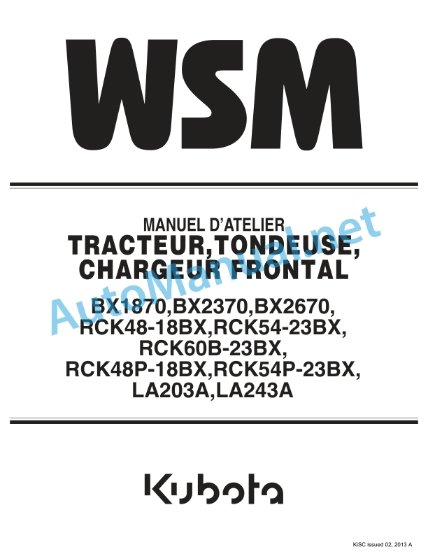 Kubota BX1870, BX2370, BX2670, RCK48 Workshop Manual PDF FR