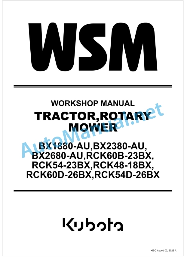 Kubota BX1880-AU, BX2380-AU, BX2680-AU, RCK60B Workshop Manual PDF 1 Kubota BX1880-AU, BX2380-AU, BX2680-AU, RCK60B Workshop Manual PDF
