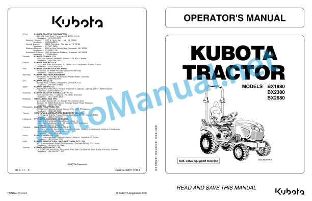 Kubota BX1880, BX2380, BX2680 Tractor Operators Manual PDF