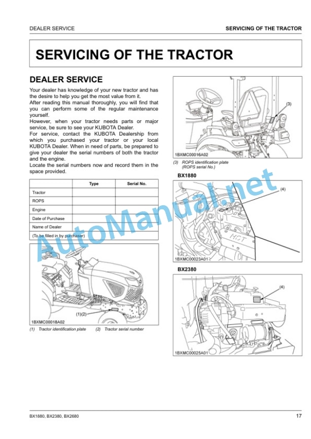Alternative view of Kubota BX1880, BX2380, BX2680 Tractor Operators Manual PDF