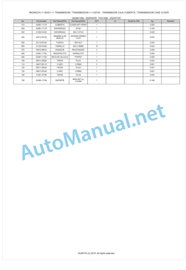 Kubota BX231 Tractor Parts Manual PDF BKIDK5216 3 Kubota BX231 Tractor Parts Manual PDF BKIDK5216-3