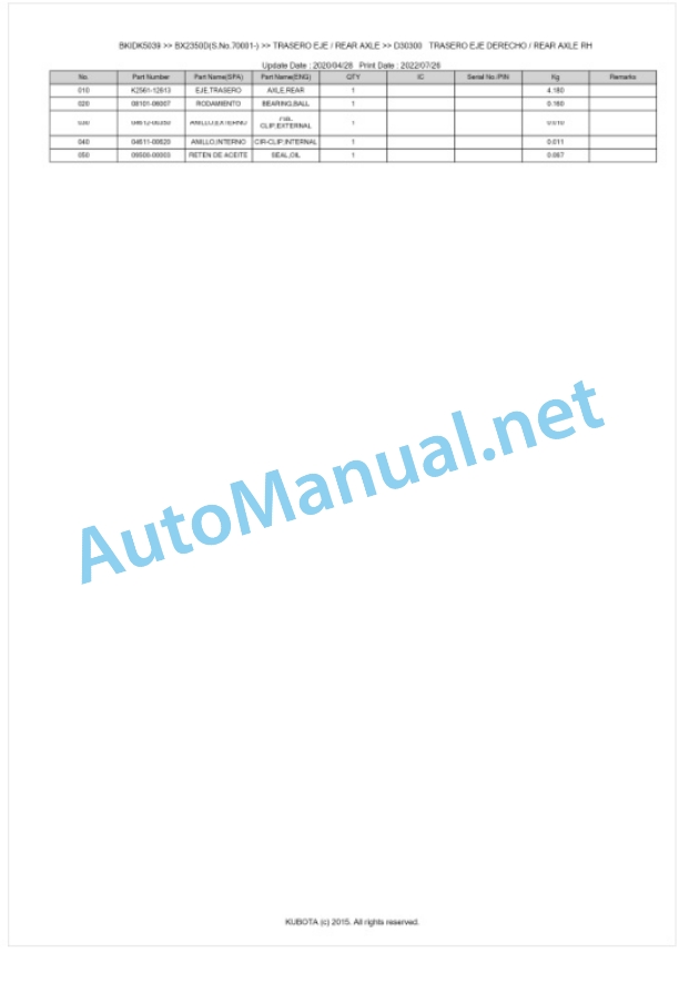 Kubota BX2350D Parts Manual PDF BKIDK5039 4 Kubota BX2350D Parts Manual PDF BKIDK5039-4