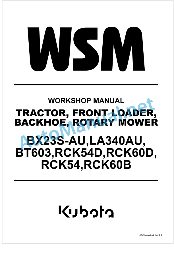 Kubota BX23S-AU, LA340AU, BT603, RCK54D, RCK60D, RCK54, RCK60B Tractor, Front Loader, Backhoe, Rotary Mower Workshop Manual PDF