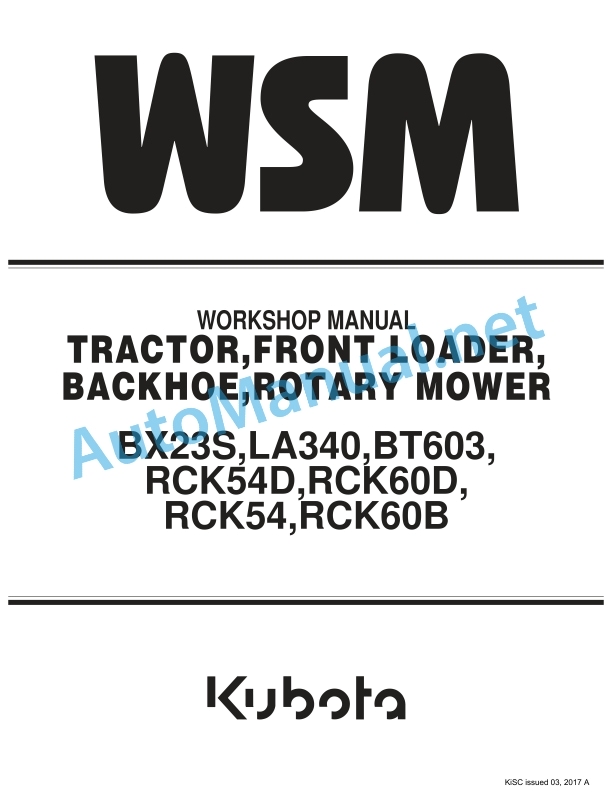 Kubota BX23S, LA340, BT603, RCK54D, RCK60D, RCK54, RCK60B Tractor, Front Loader, Backhoe, Rotary Mower Workshop Manual PDF