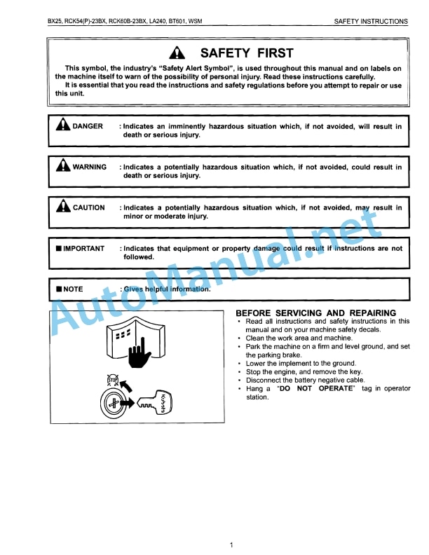 Kubota BX25, RCK54-23BX, RCK54P-23BX, RCK60B-23BX, LA240, BT601 Workshop Manual PDF