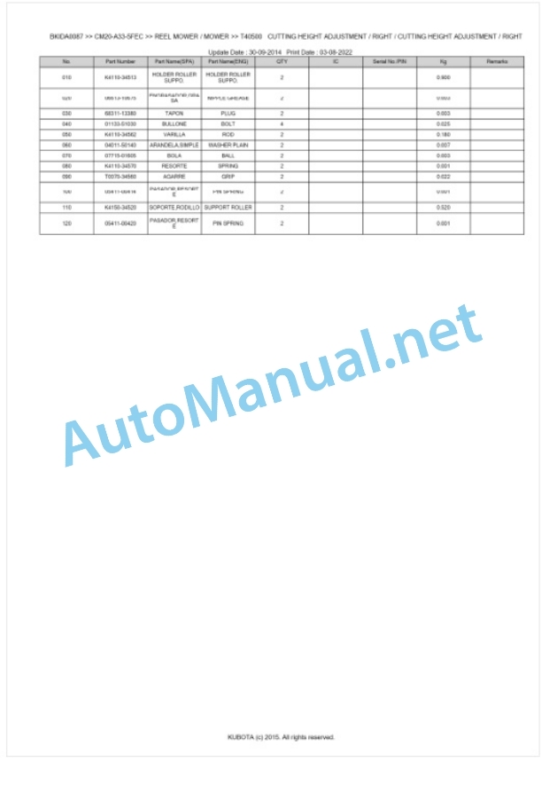 Kubota CM20-A33-5FEC Parts Manual PDF BKIDA0087 4 Kubota CM20-A33-5FEC Parts Manual PDF BKIDA0087-4