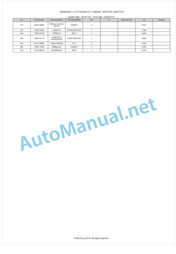 Kubota COTTAGE48-TC Parts Manual PDF BKIDK0409-2