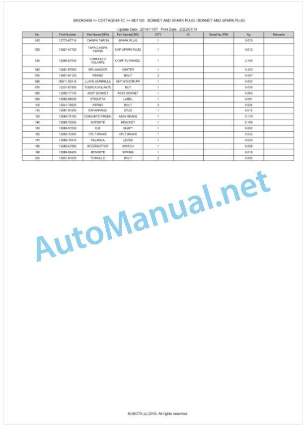 Kubota COTTAGE48-TC Parts Manual PDF BKIDK0409-4