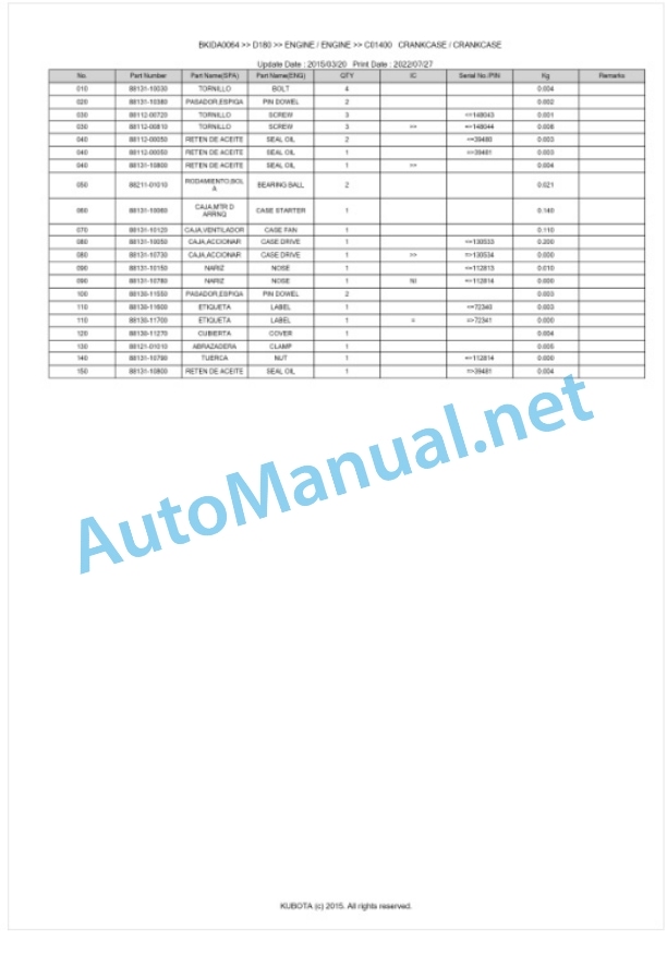 Kubota D180 Parts Manual PDF BKIDA0064 3 Kubota D180 Parts Manual PDF BKIDA0064-3