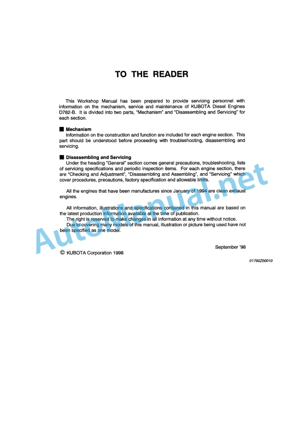 Kubota D782-B Diesel Engine Workshop Manual PDF