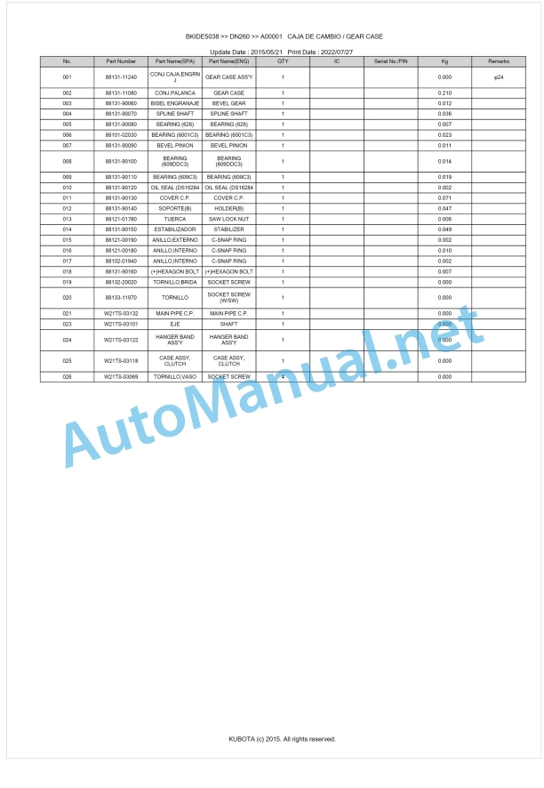 Kubota DN260 Parts Manual PDF 1 Kubota DN260 Parts Manual PDF