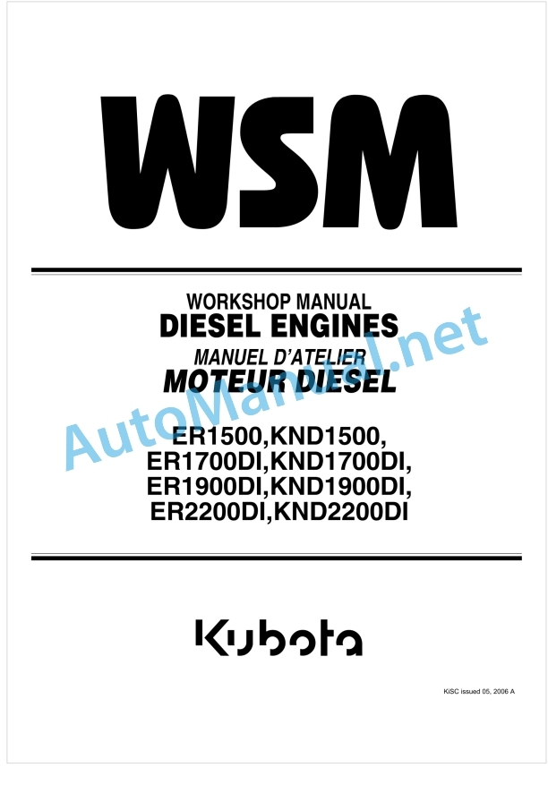 Kubota ER1500, KND1500, ER1700DI, KND1700DI, ER1900DI, KND1900DI, ER2200DI, KND2200DI Diesel Engine Workshop Manual PDF