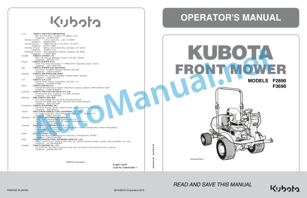 Kubota F2890, F3690 Front Mower Operators Manual PDF